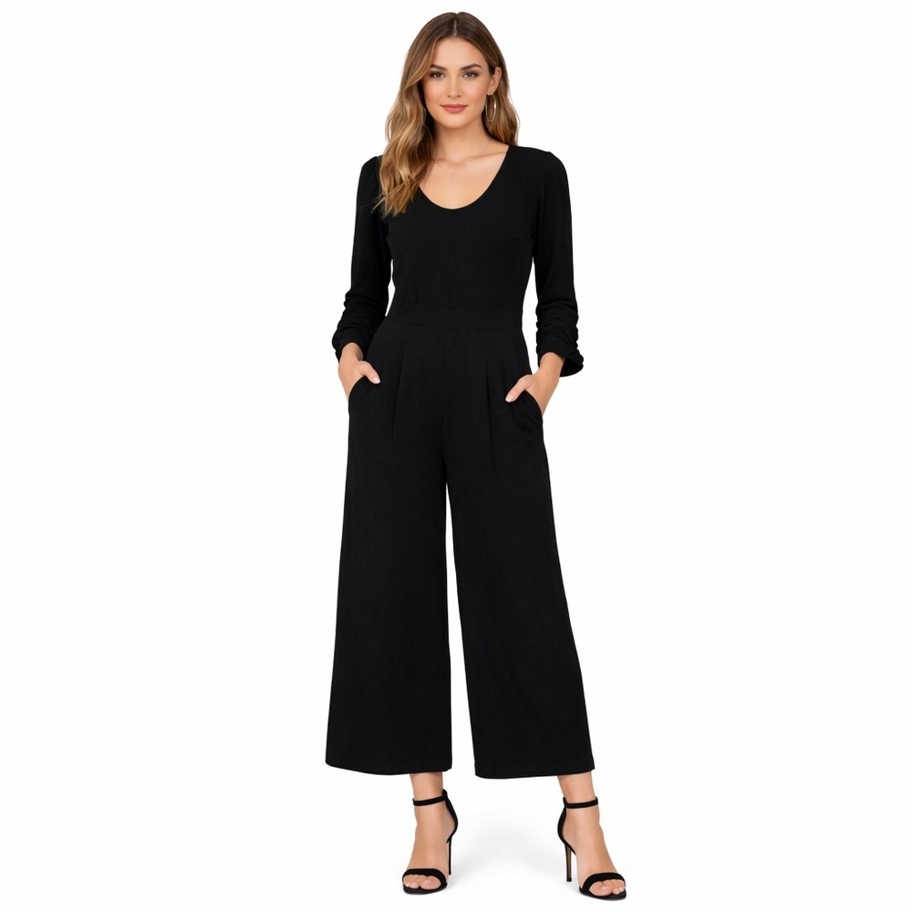 Women's Black Long-Sleeve Wide-Leg Jumpsuit Size 8